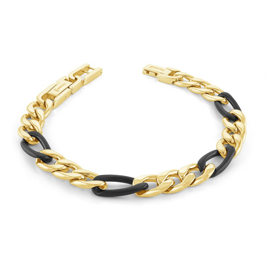 Black and yellow stainless steel Figaro bracelet.