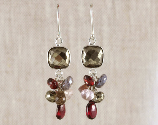 Dangle earrings with pyrite and garnet.