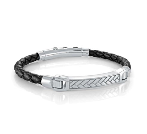Stainless steel bracelet with braided black leather.