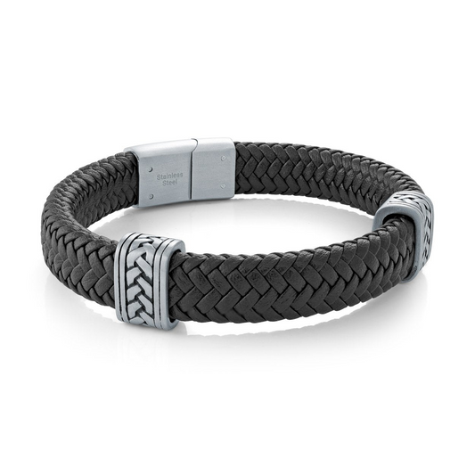 Black braided leather bracelet, stainless steel accents.
