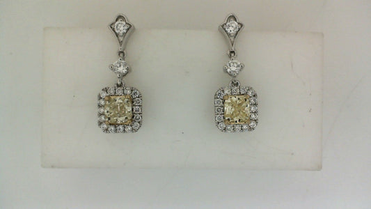 Drop Natural Diamond Earrings in 18 Karat White - Yellow with 1.05ctw Cushion Diamonds
