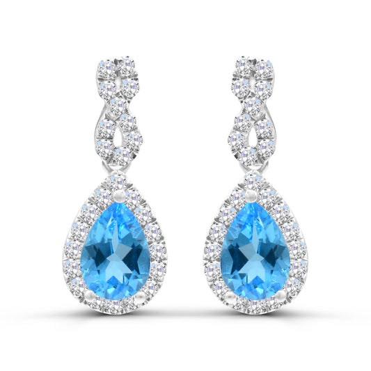 Dangle Color Gemstone Earrings in Sterling Silver White with 2 Pear Blue Topaz 2.86ctw