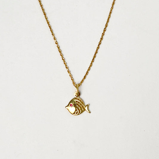 ReMARKable Estate Color Gemstone Necklace in 14 Karat Yellow Gold with 1 Round Lab Created Ruby