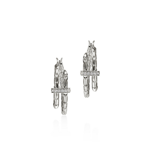 Medium Hoop Natural Diamond Earrings in Sterling Silver White