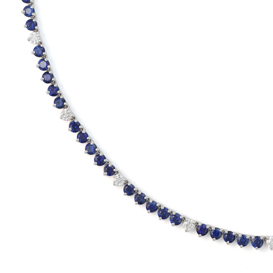 Tennis Color Gemstone Necklace in 18 Karat White with 75 Round Blue Sapphires 21.34ctw