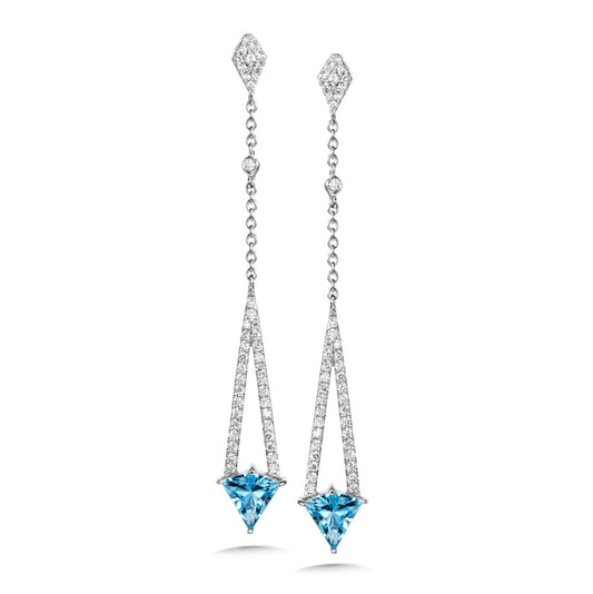 Kite-shaped blue topaz, diamond dangle earrings.