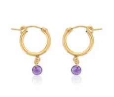 Small Hoop Color Gemstone Earrings in Gold Filled Yellow with 2 Round Amethysts
