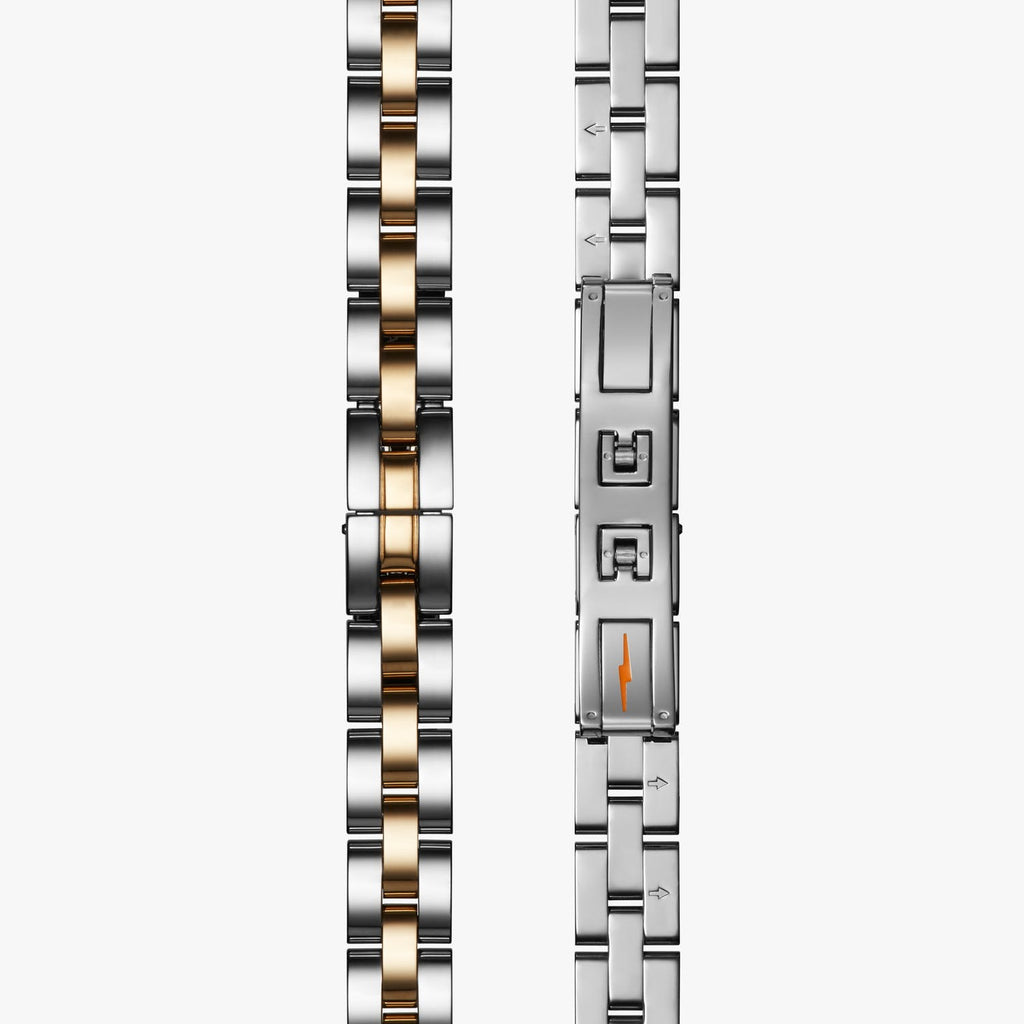 Two-tone stainless steel watch band.