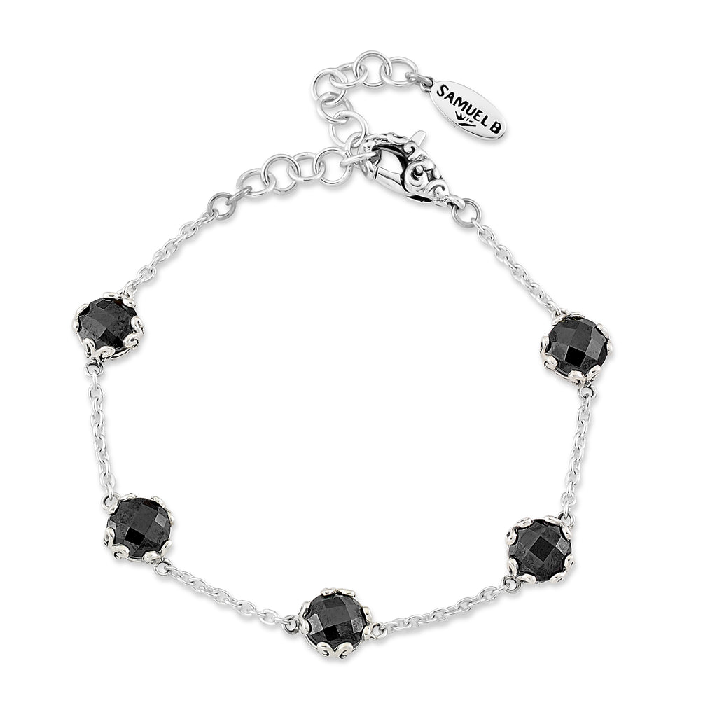 Station Color Gemstone Bracelet in Sterling Silver White with 5 RO BLK Spinels