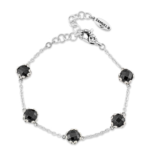 Station Color Gemstone Bracelet in Sterling Silver White with 5 Round BLK Spinels