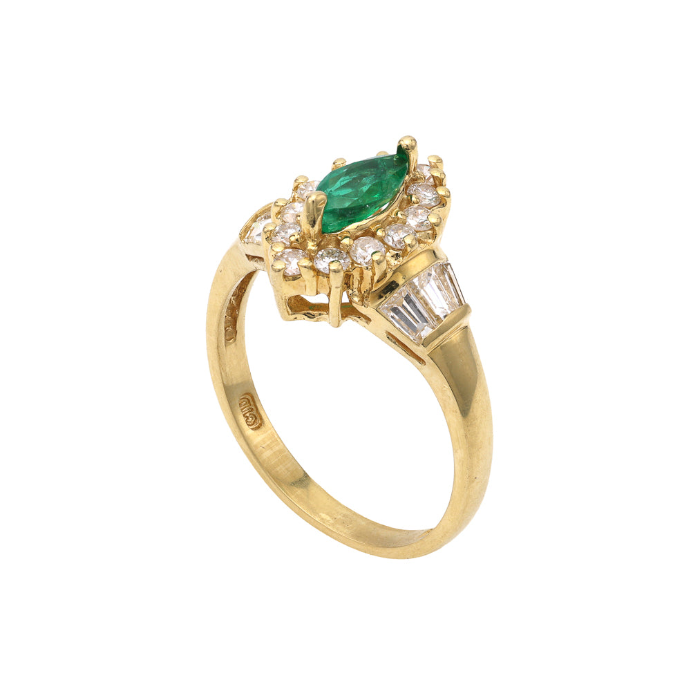 Marquise emerald ring with diamonds, yellow gold.