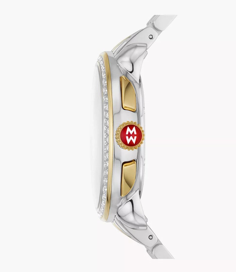 Stainless steel watch with gold accents.
