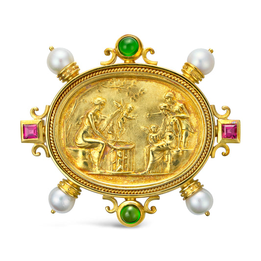 18K gold brooch with tourmalines, pearls.