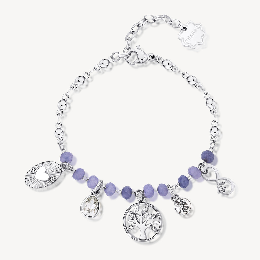 Stainless steel bracelet with purple gemstones.