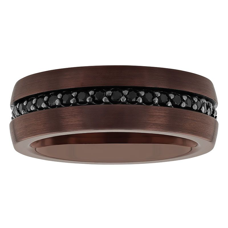 Bronze tungsten band with black gemstones.