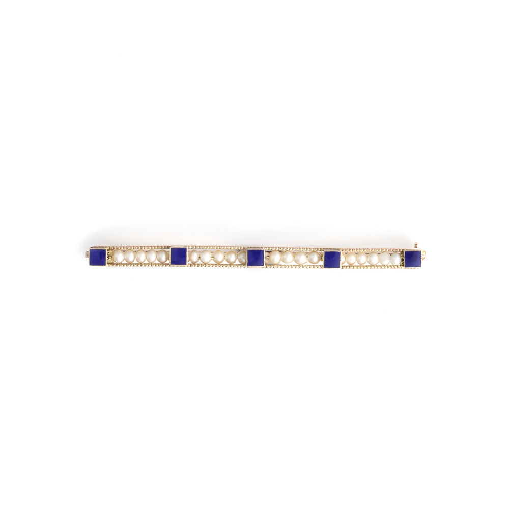 Seed pearl and blue enamel bar pin.