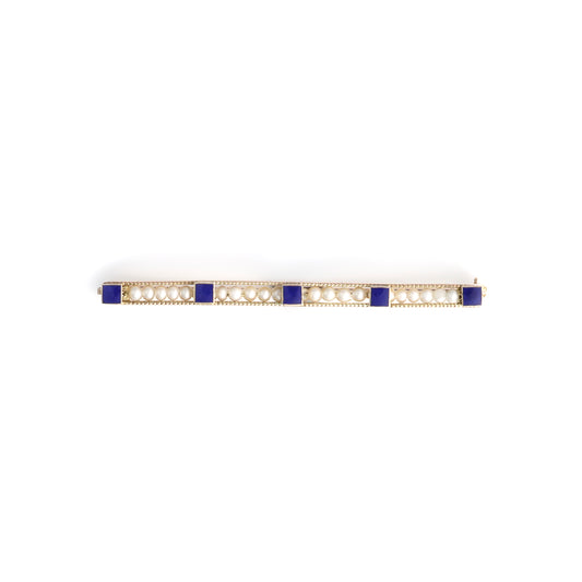 Seed pearl and blue enamel bar pin.