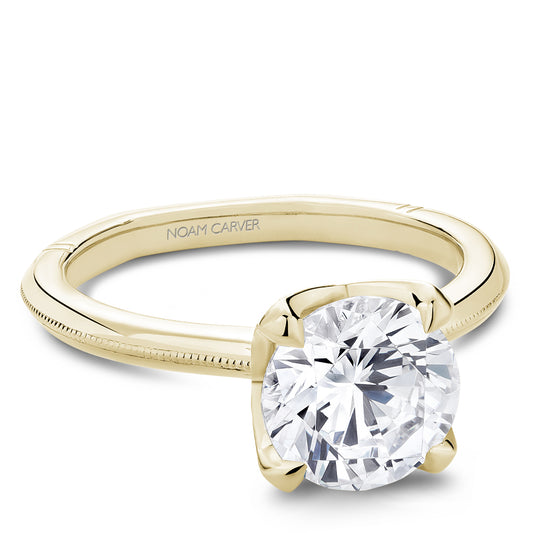 Yellow gold ring with round diamond accents.