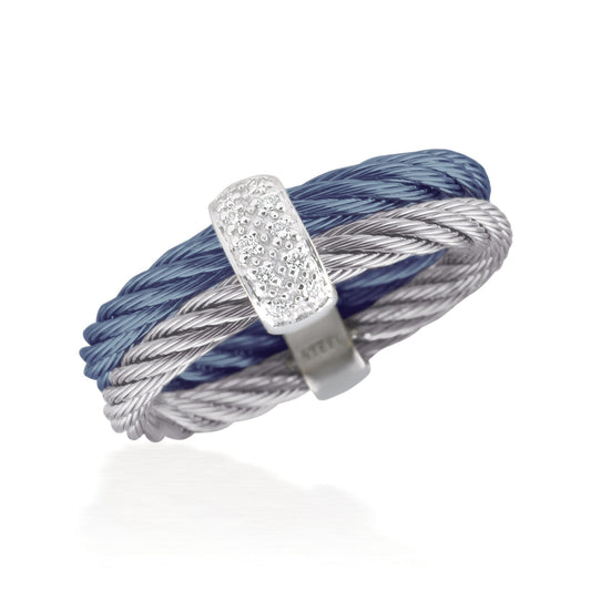 Stainless steel cable ring with diamonds.