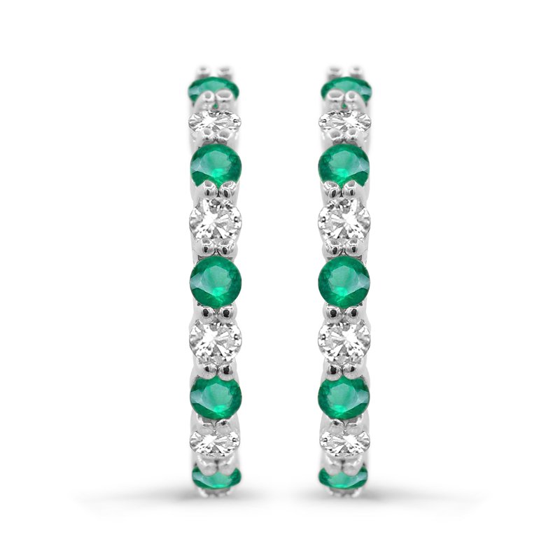 Sterling silver hoops with simulated emeralds.