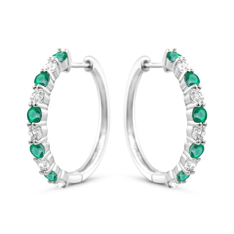 Sterling silver hoops with simulated emeralds.
