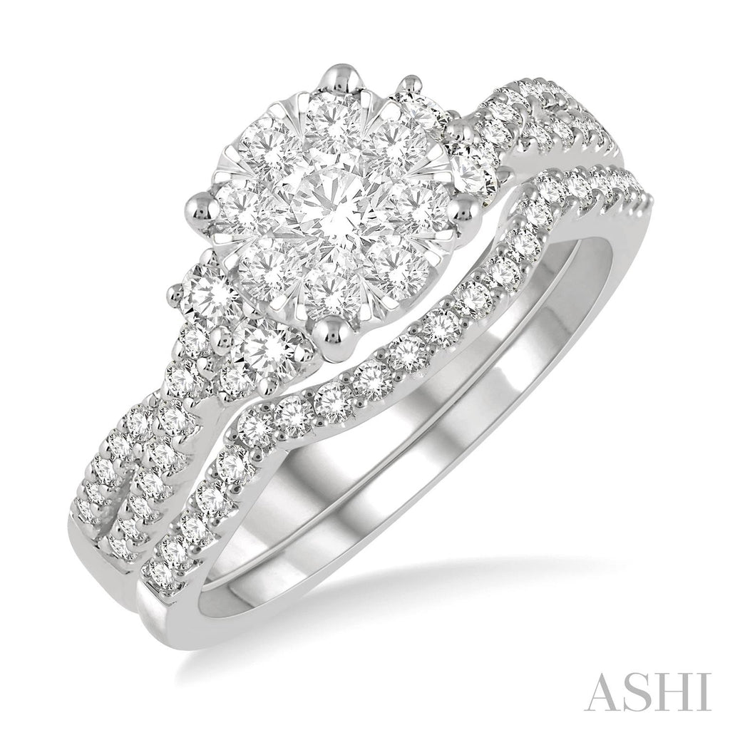 14K white gold diamond cluster engagement ring.