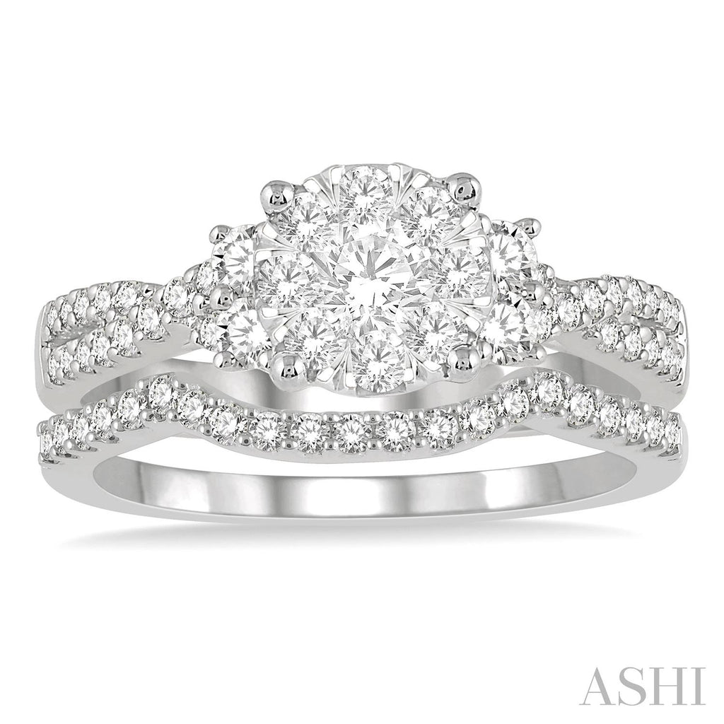 14K white gold diamond cluster engagement ring.