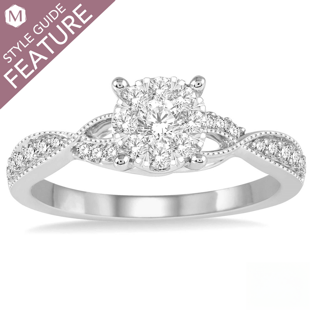 White gold ring with round diamond cluster.