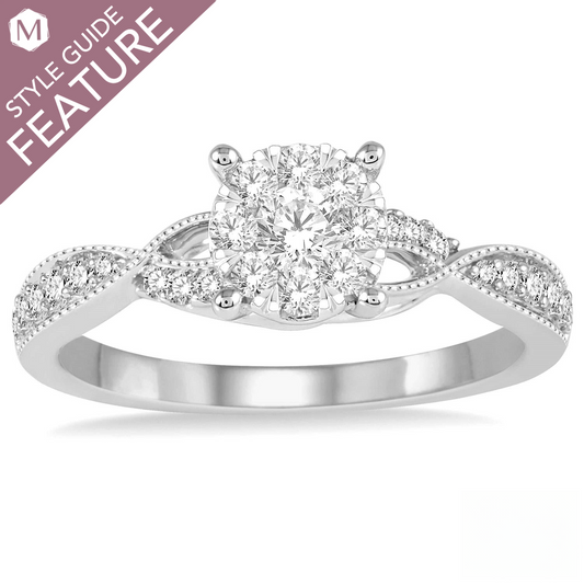 White gold ring with round diamond cluster.