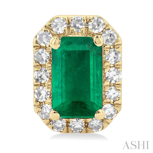 Emerald stud earrings with diamond halo.