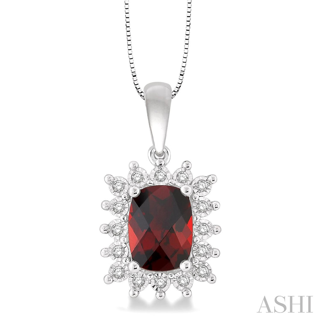 Cushion garnet pendant with diamond accents.