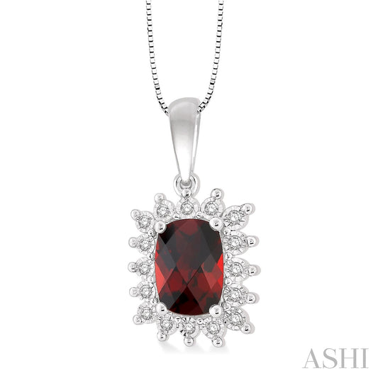 Cushion garnet pendant with diamond accents.