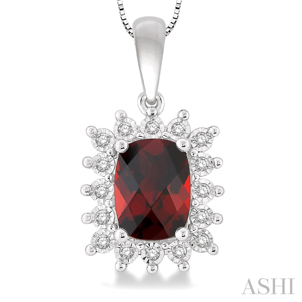 Cushion garnet pendant with diamond accents.