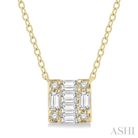 Yellow gold necklace with various shaped diamonds.