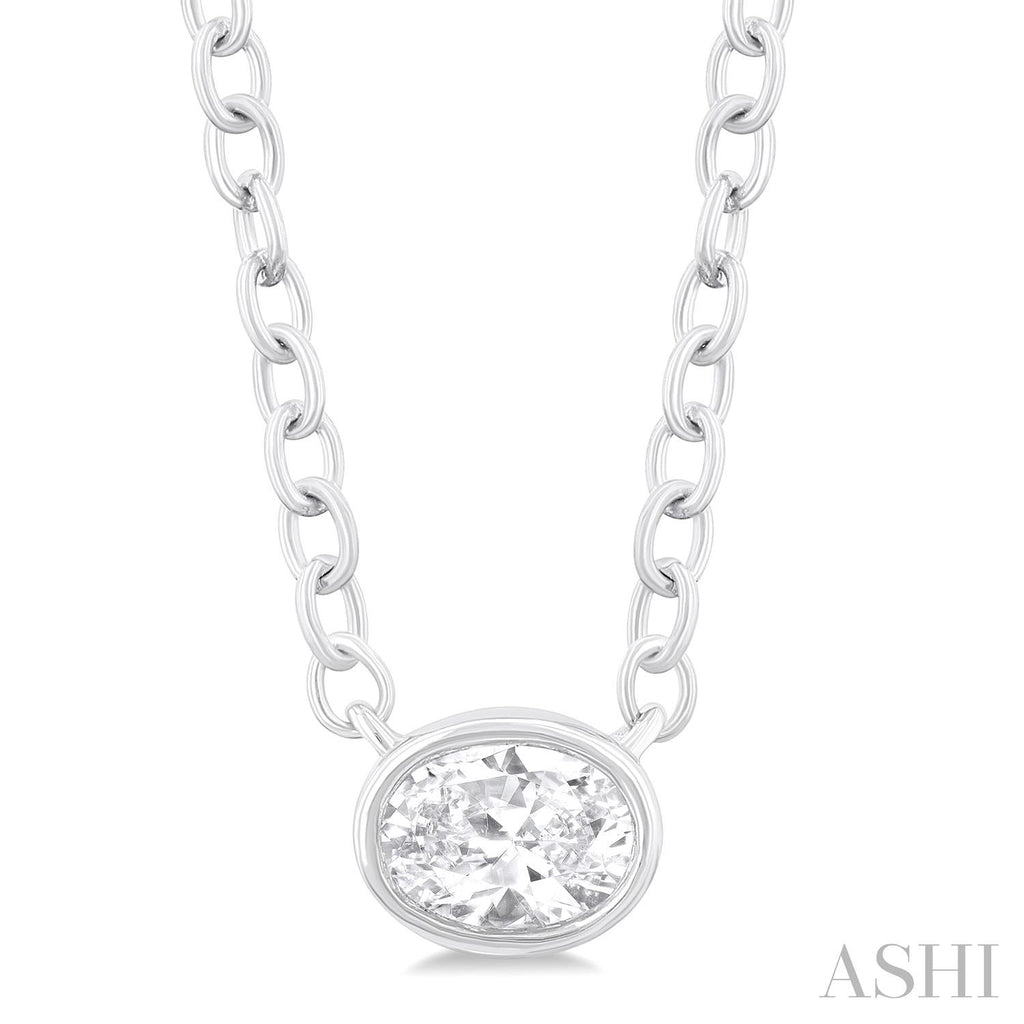 Oval diamond necklace, white gold chain.