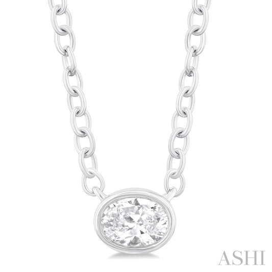 Oval diamond necklace, white gold chain.