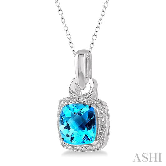 Cushion blue topaz pendant in sterling silver.