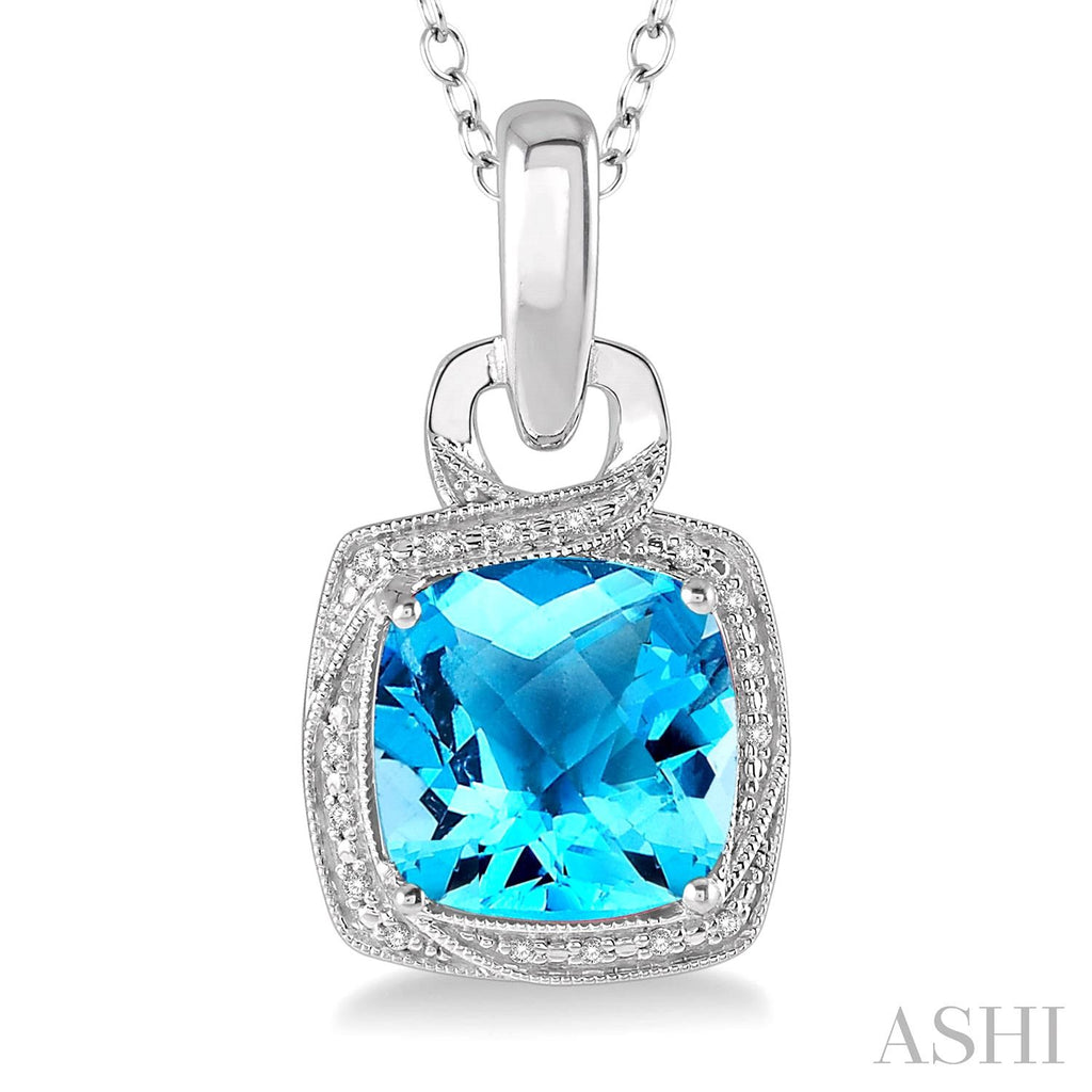Cushion blue topaz pendant in silver.