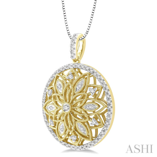 Gold floral pendant with diamond accents.