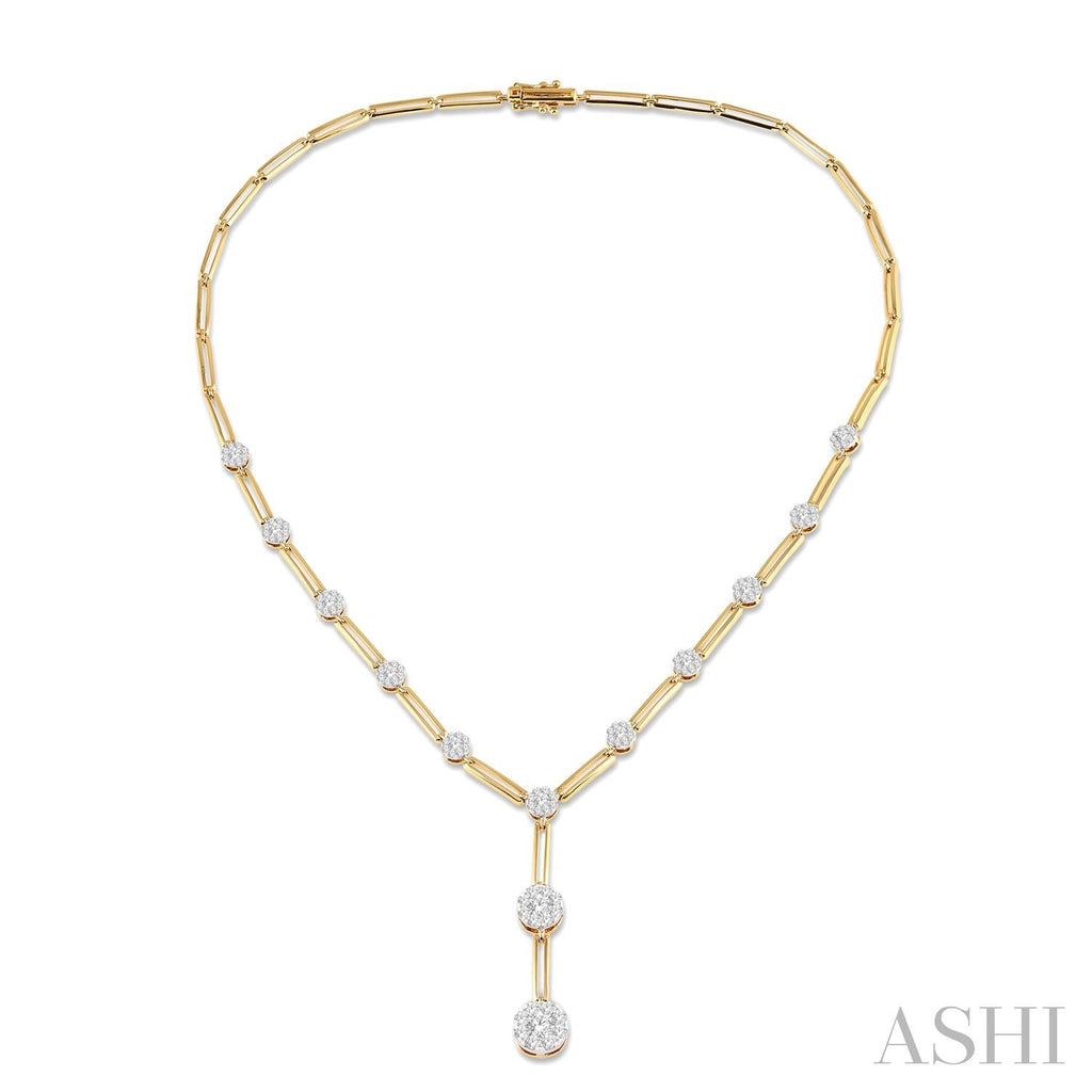 Gold paperclip chain necklace with round diamonds.