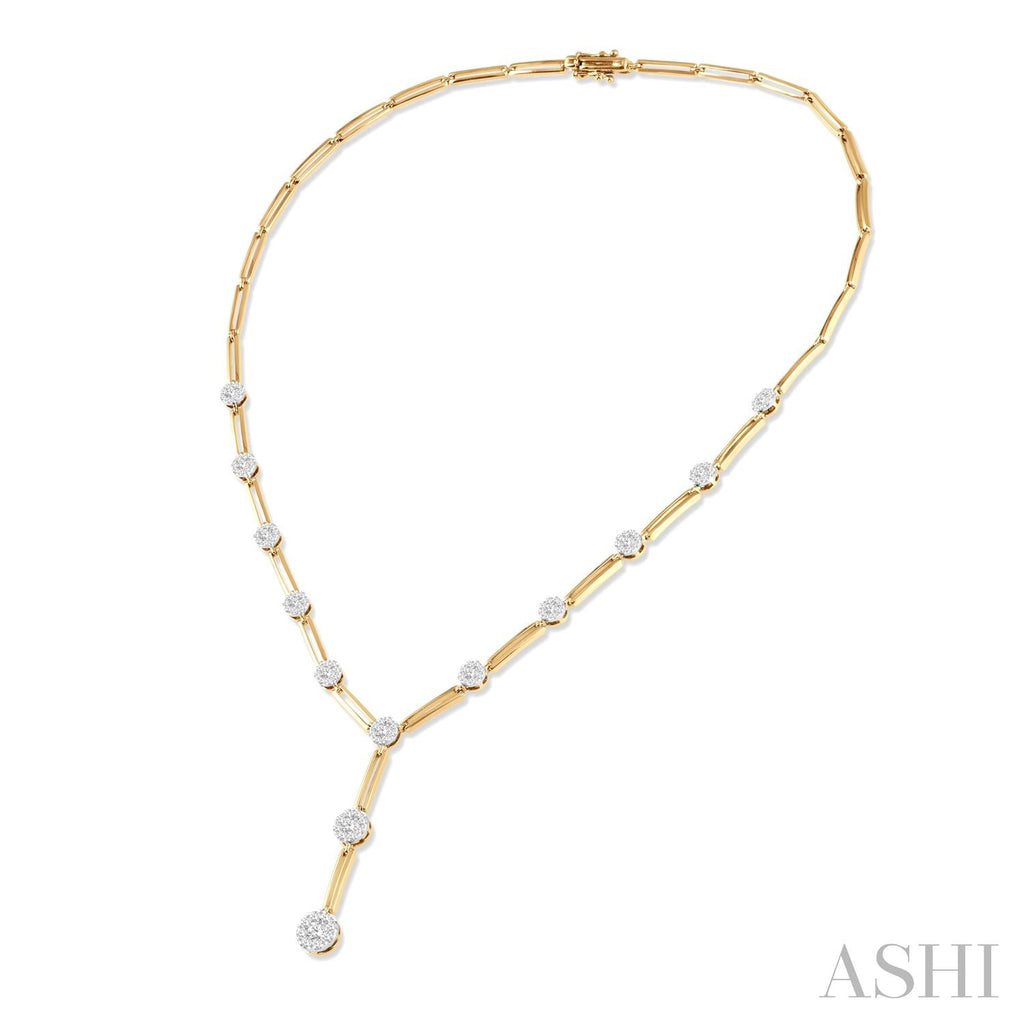 Gold paperclip chain necklace with round diamonds.