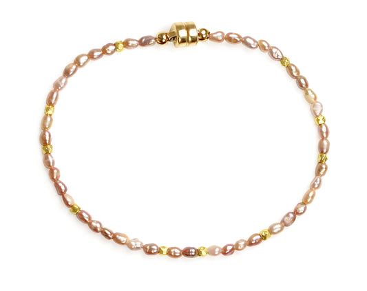 ReMARKable Designs Bead Pearl Bracelet in Sterling Silver Yellow with Round Pink Pearls and Magnetic Clasp