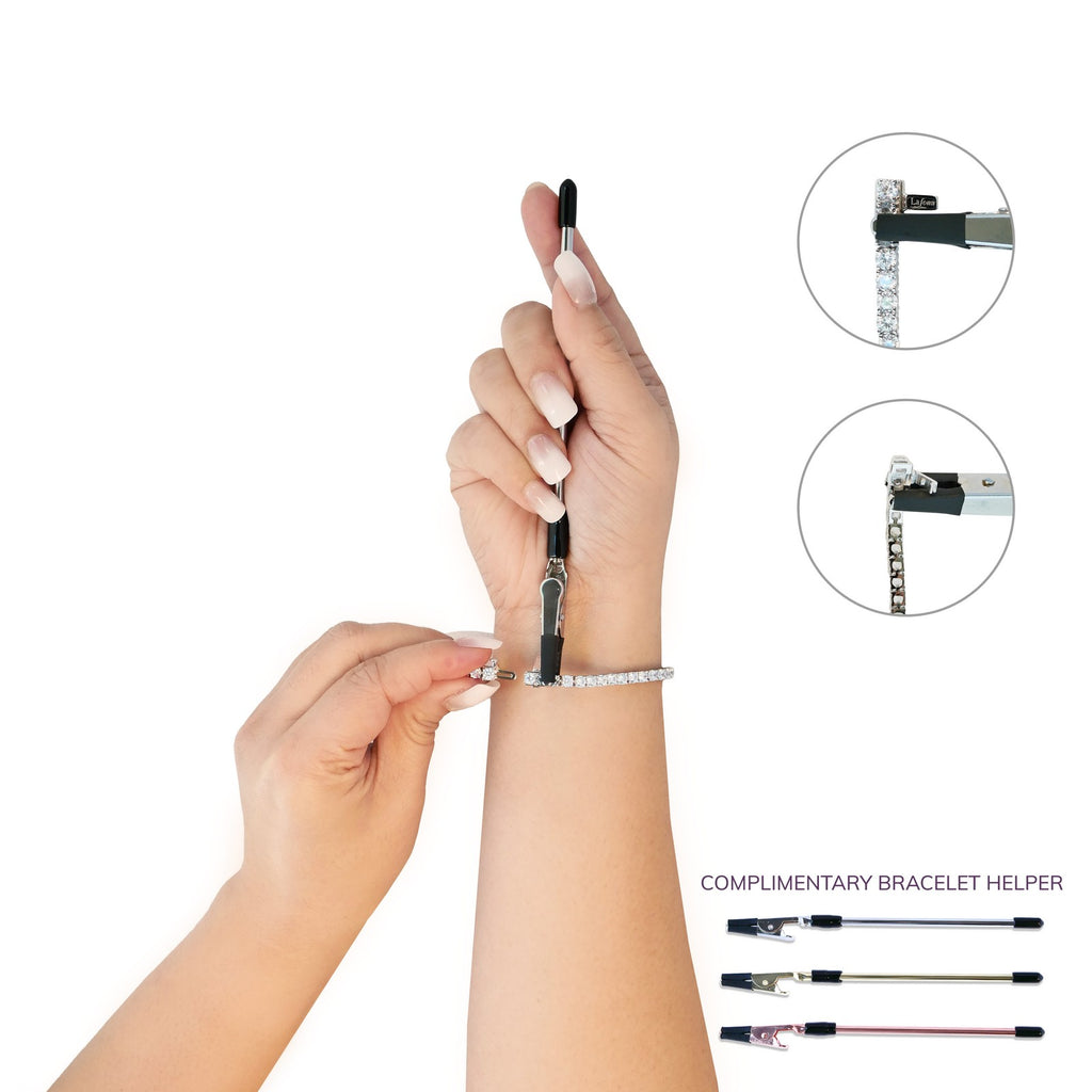 Simulated diamond bracelet on wrist.