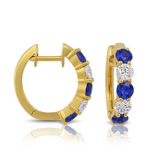 ReMARKable Designs Small Hoop Color Gemstone Earrings in 14 Karat Yellow Gold with 6 Round Sapphires 0.86ctw
