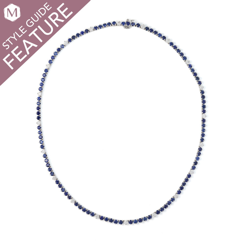 Blue sapphire and diamond tennis necklace.