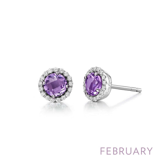 Round amethyst stud earrings with simulated diamonds.