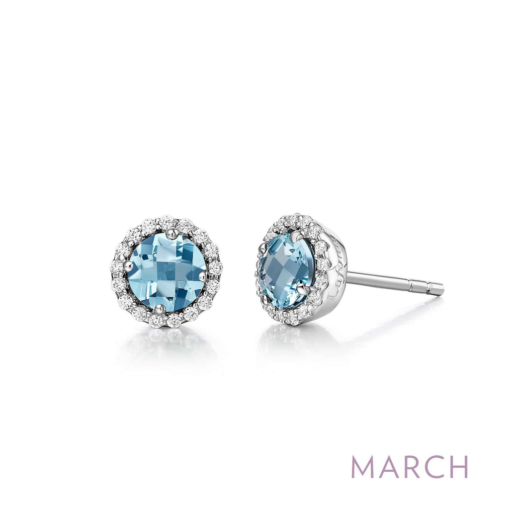 Simulated aquamarine stud earrings with diamond accents.