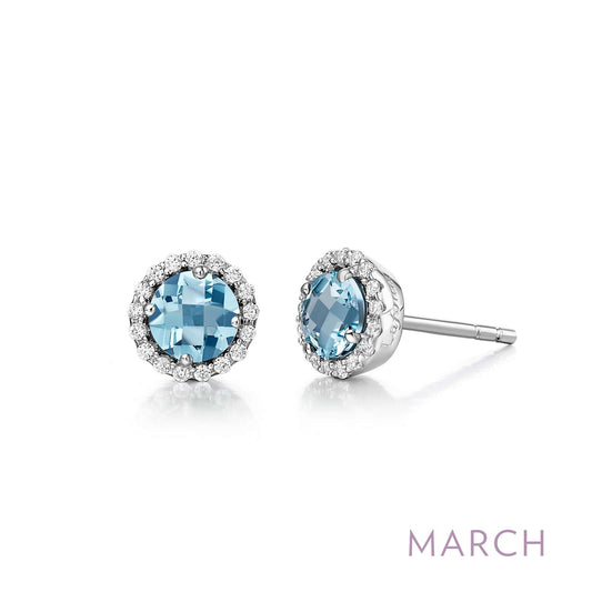 Simulated aquamarine stud earrings with diamond accents.