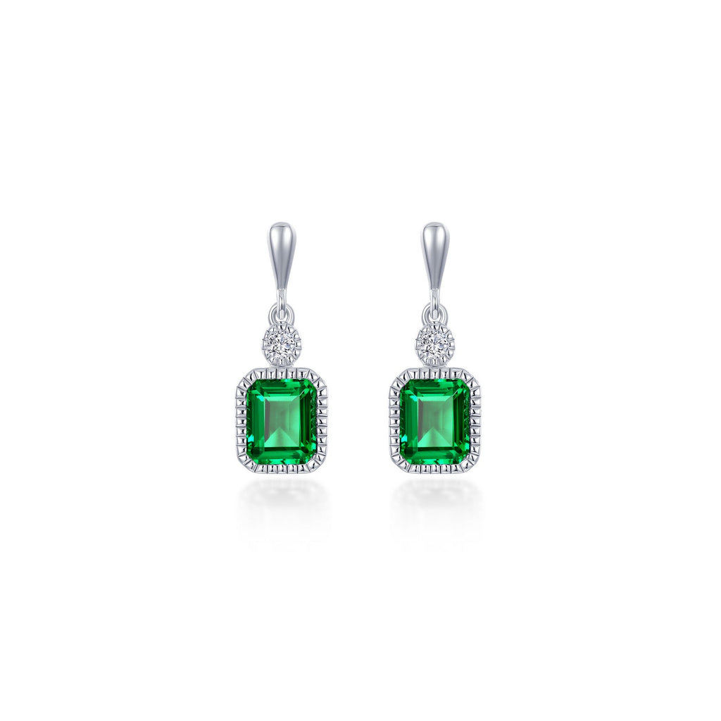 Emerald earrings with simulated diamonds in silver.