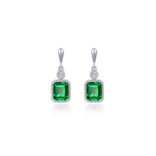 Emerald earrings with simulated diamonds in silver.